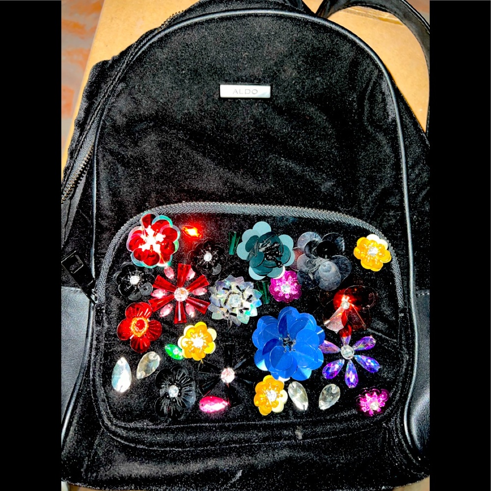 Aldo velvet black backpack with flower rhinestones